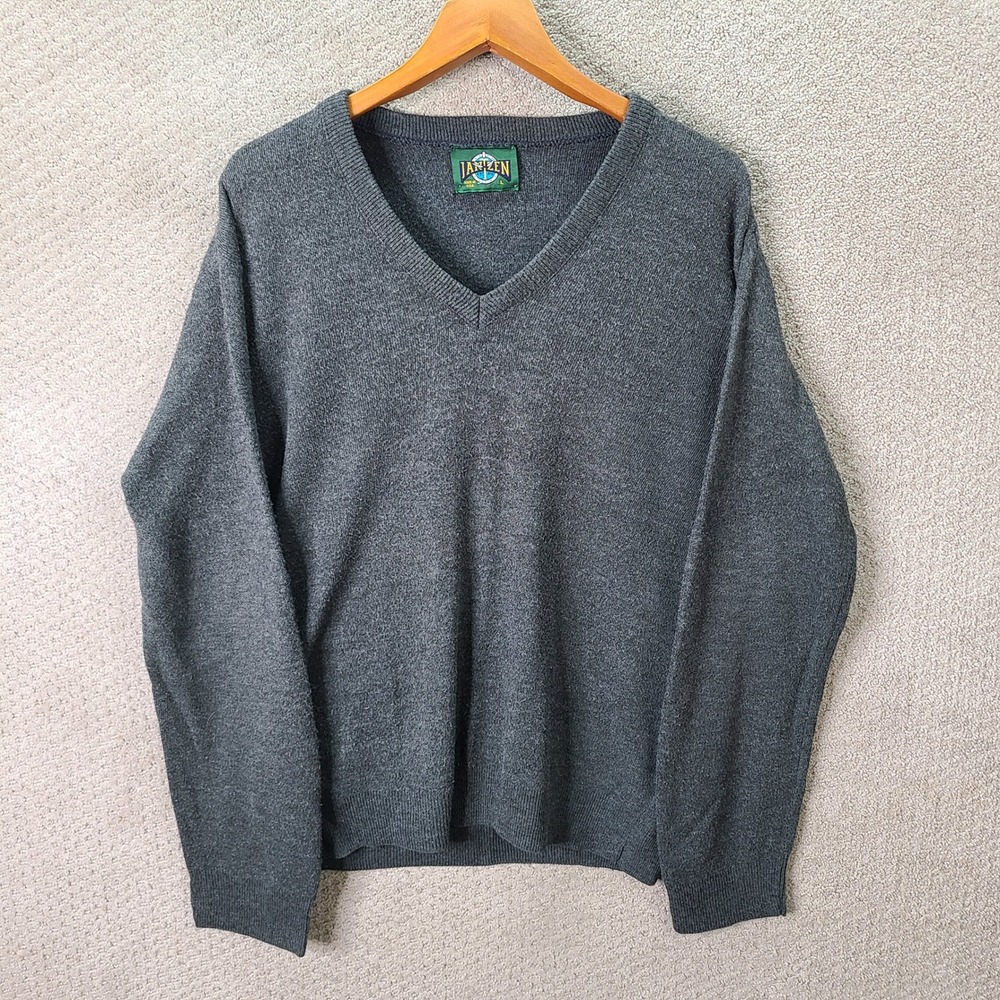 Vintage Jantzen Sweater Mens Large Gray V Neck Acrylic Made In USA Long Sleeve